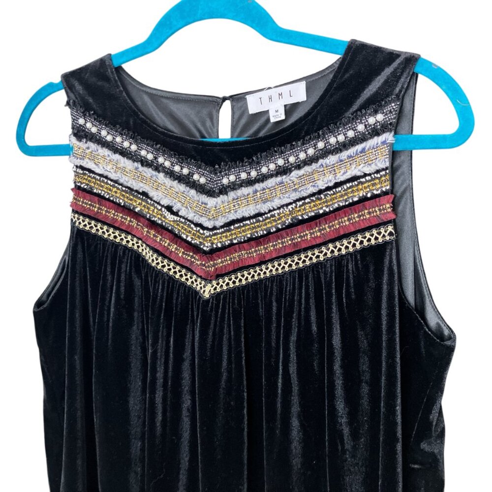Anthropologie Medium M THML Black‎ Velvet Embroidered Babydoll Mini Dress Boho - Picture 3 of 6